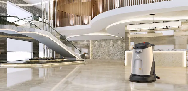 Gausium Scrubber 50 lavando o lobby de um hotel (ilustração do fabricante)
