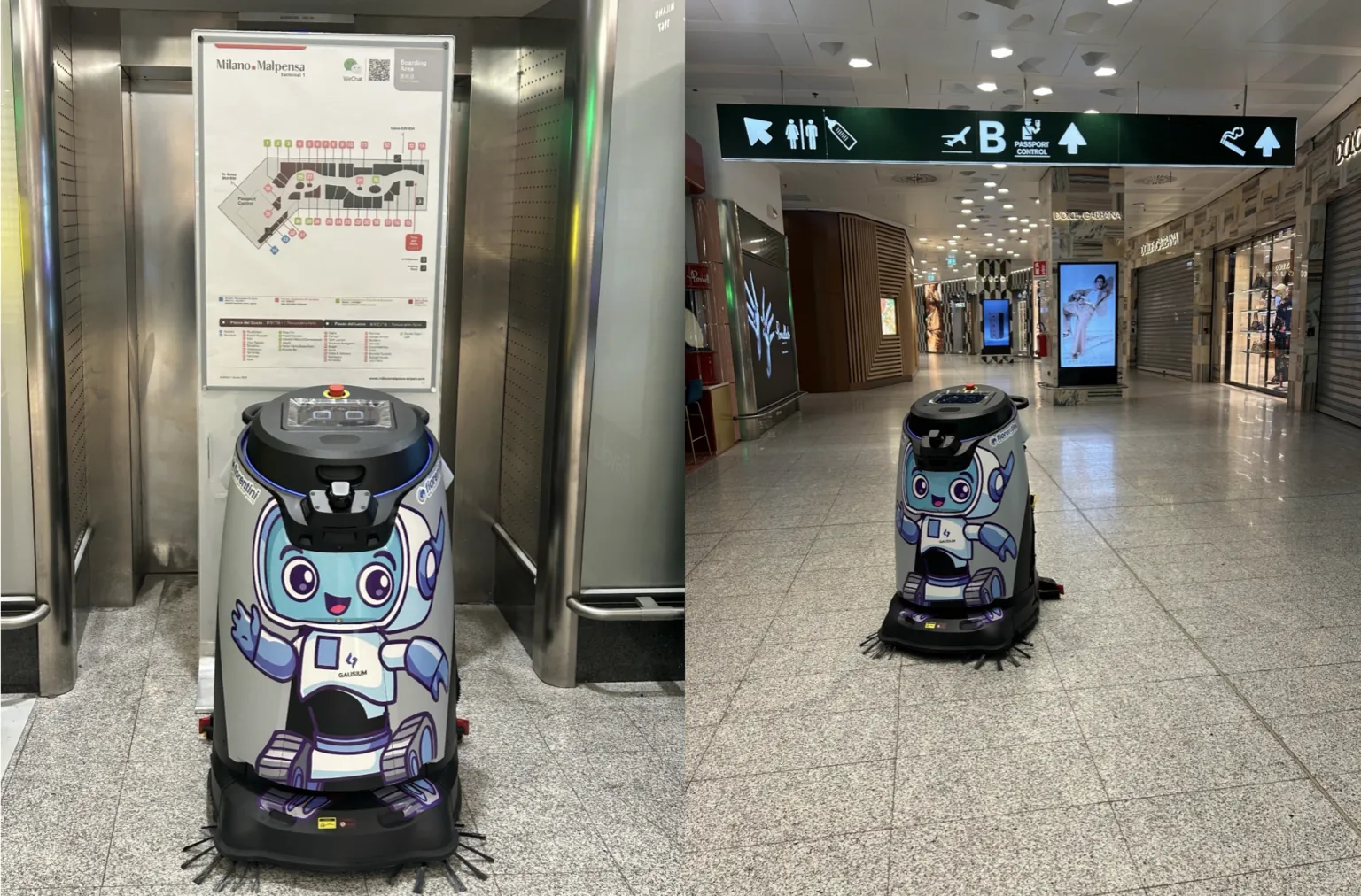 Robô Gausium Omnie no aeroporto de Milão Malpensa